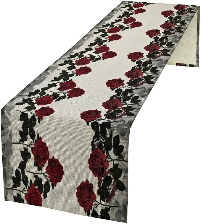 Red Rose Print Table Runner, Romantic Vintage Rose Summer Dark Flower Dinner Runner Table Decoration for Home Kitchen Dining Holiday Wedding Party 13x90in