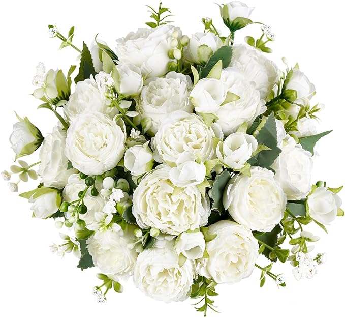 Mkono Peonies Artificial Flowers, Small Silk Flowers for Home Decor Indoor Fake Bouquet Faux Floral Arrangements Dining Table Centerpieces for Kitchen Bridal Wedding Party Decor White