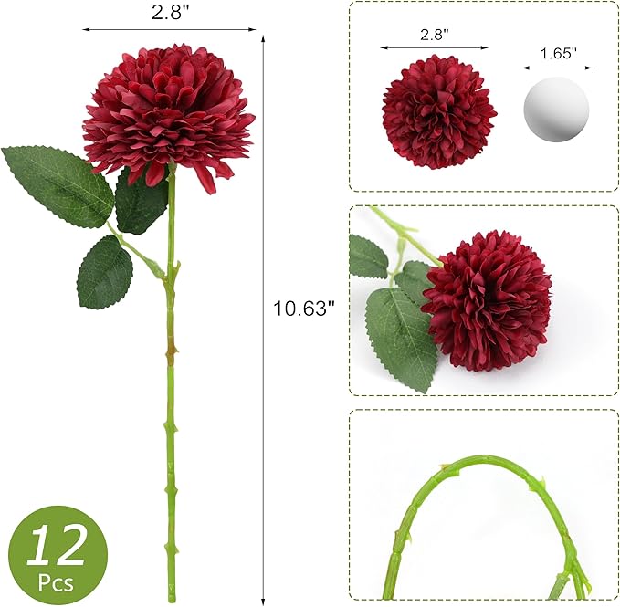 SITUMEIZI 12 Pcs Burgundy Flower Artificial Chrysanthemums Flowers Ball Flower Fake Mums Silk for Halloween Thanksgiving Day Fall Wedding Home Decoration Floral Arrangement
