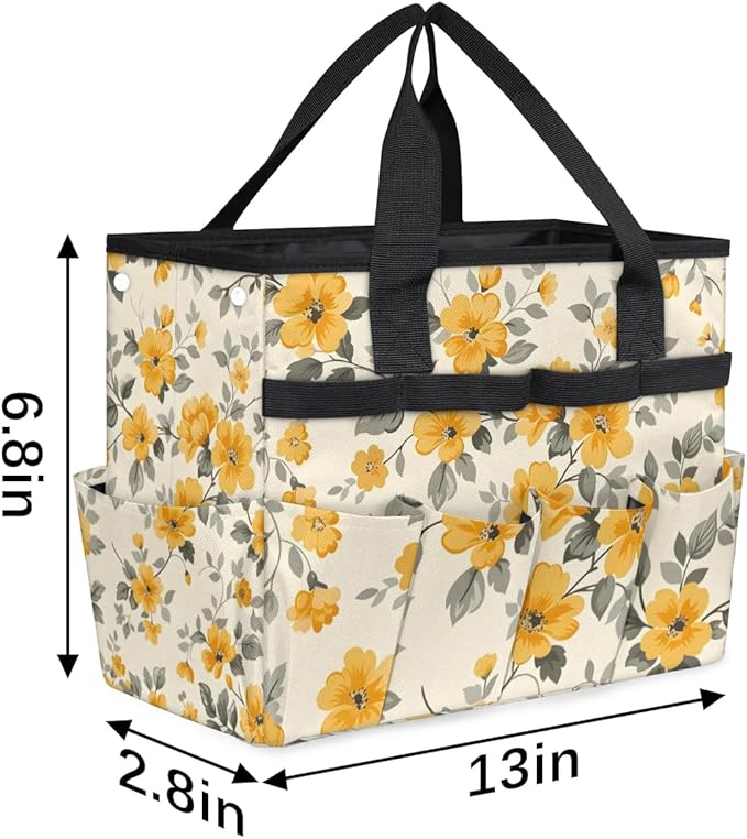 Garden Tool Bag Organizer Garden Tote Bag with Pockets Patterned Floral Print Tool Storage Organizer Gardening Tool Kit Holder 13" x 6.8" x 2.8"