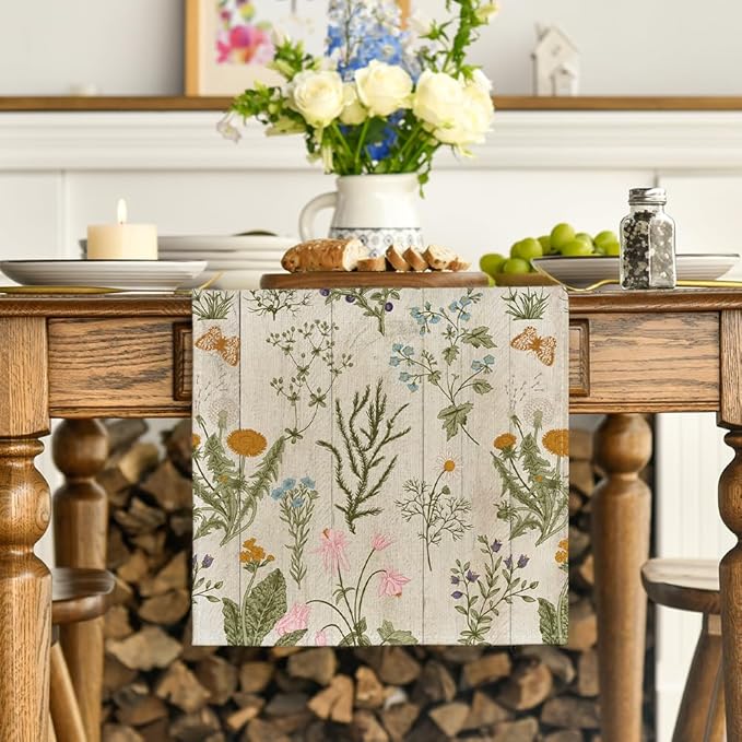 Artoid Mode Wood Wild Flowers Floral Spring Table Runner, Seasonal Summer Kitchen Dining Table Decoration for Home Party Decor 13x36 Inch