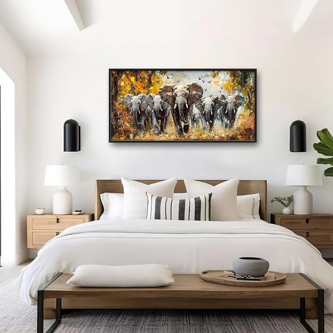 Extra Large Elephant Framed Wall Art for Living Room,Oversized Elephants Wild Animal Pictures Wall Decor,Forest Landscape Canvas Print Painting Modern Artwork Bedroom Office Bathroom 60L x 30W