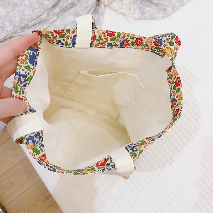 Cotton Canvas Tote Bag Reusable Soft Grocery Cloth Bag Floral Shoulder Bag for Beach Travel Shopping