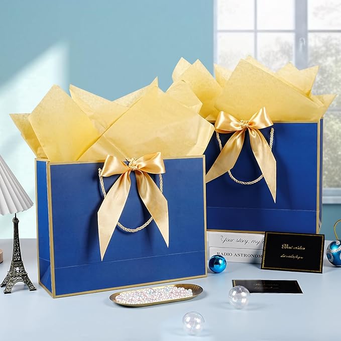 Navy Blue Gift Bags 13 x 10 x 4’’, Large Gift Bag Set with Tissue Paper and Greeting Card, 2 PCS Gift Bags with Handles Bow Ribbon, Paper Present Bags for Women Men Birthday Party Father's Day Wedding