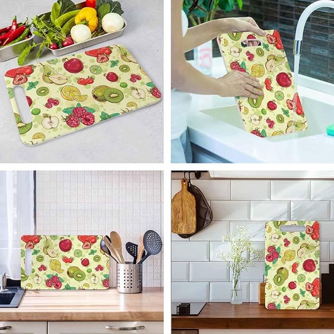 Fruits Berries Cutting Boards Green Kiwi Strawberry Raspberry Pear Lemon Lime Cutting Boards Kitchen Chopping Board with Handles Non Slip Plastic 16 x 10 x 0.24 Inch