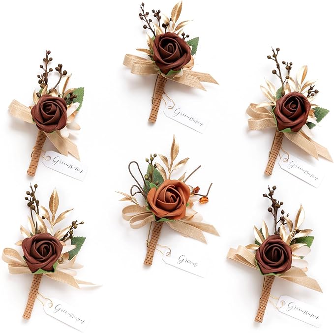Ling's moment Boutonniere for Men, 6pcs Groom Groomsmen Boutonniere, Artificial Flowers for Wedding Decor/Prom/Homecoming, etc.Terracotta Orange
