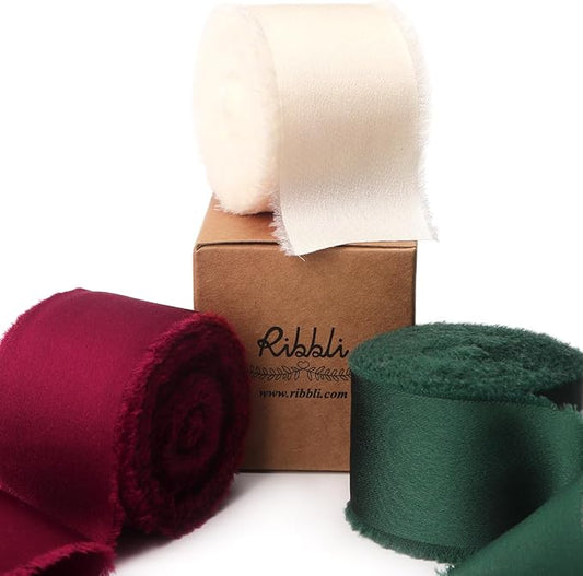 Ribbli Burgundy Ivory Green Silk Satin Ribbon 1.5 Inch x 30 Yard Handmade Frayed Chiffon Christmas Ribbon for Gift Wrapping Wedding Invitations Bridal Bouquets Home Decor
