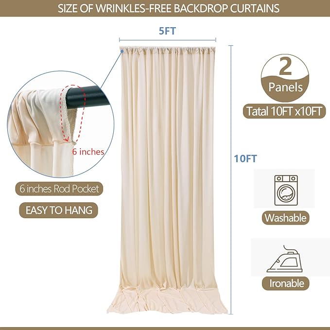 10x10ft Wrinkle Free Backdrop Curtain for Parties Soft Fabric Drapes Wedding Cream Curtain Backdrop for Birthday Party Decorations Background for Photography 5x10ft,2 Panels