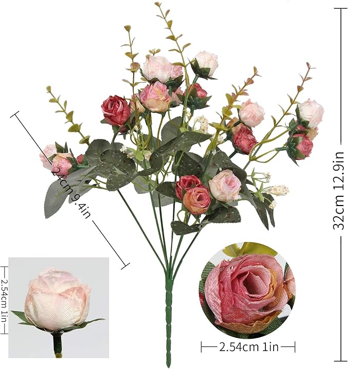 Flojery 21 Heads Silk Rose Bouquet Artificial Flowers Mini Rose for DIY Wedding Bouquets Centerpieces Bridal Shower Party Home Decorations,Pack of 4 （Pink）