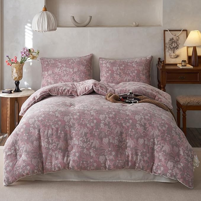 HighBuy Muslin Cotton Comforter Set Full Size Pink Floral Bedding Comforters Set 3 Piece Lightweight Soft & Warm Bed Comforter Full with 2 Pillowcases,Boho Chic Bedding Set