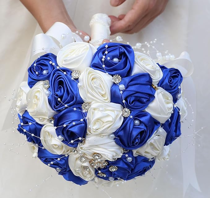 Bridal Wedding Bouquet Round Bling Brooch Bouquet Throw Toss Artificial Rose Flower Bunch for Bride Bridesmaid Wedding Quinceanera(Royal Blue & Ivory, 8.7")