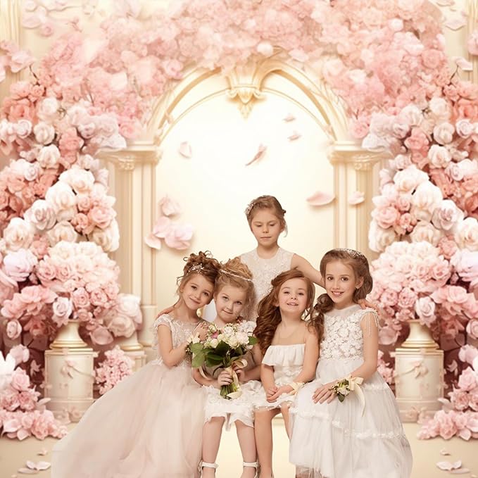 AOFOTO 10x8ft Wedding Backdrop Palace Hall Wall Spring Pink Flower Arch Background for Photography Bridal Shower Prom Decoration Banner Girl Portrait Photo Booth Backdrop