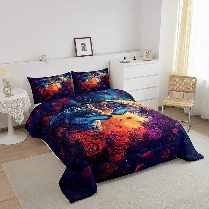 Wolf Comforter Set Queen Size,Wild Animal Print Couple Theme Reversible Bedding Set for Women Adult,Romantic Red Rose Flowers Watercolor Galaxy Luxury Bed Duvet Insert, 2 Pillowcases