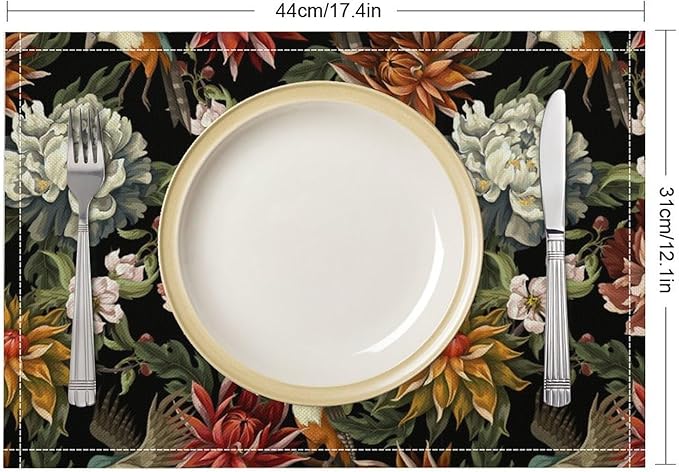Vintage Floral Placemats Set of 4, 17x12 Inch Colorful Flowers Birds Green Leaves Black Retro Aesthetic Art Print Table Mats for Home Party Kitchen Dining Decor