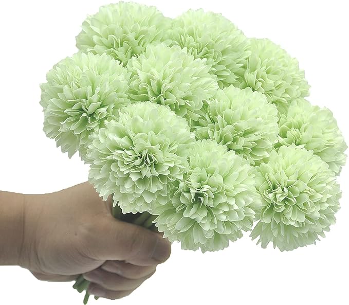 10Pcs Artificial Fake Flower Plants Silk Chrysanthemum Ball Hydrangea Arrangements Wedding Bouquets Decor Home Kitchen Garden Party Table Floral Centerpieces DIY (Mint Green)