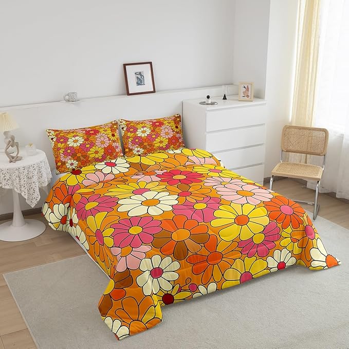 Castle Fairy Bohemian Flowers Bedding Comforters King Size,70s Floral Comforter Set for Children Xmas Gift,Hippie Retro Groovy Botanical Quilt Set Bedroom Decor, 2 Pillowcases