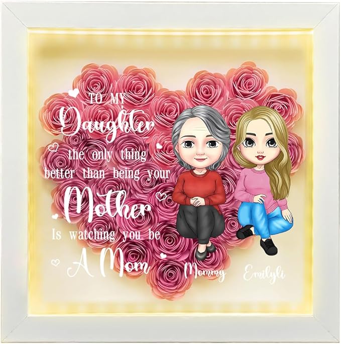 Personalized Mom Flower Shadow Box with LED Light Custom Heart Shaped Rose Flower Shadow Box Frame To My Daughter Mother's Day Portrait Shadowbox Memory Gifts for Mom from Daughter Christmas Birthday