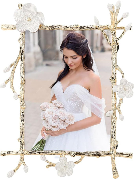 Gold 5x7 Picture Frame Decor Ornate White Floral Photo Frames with High Definition Glass Front, Art Decor Tabletop Display, Gifts Ideas for Women, Horizontally & Vertically