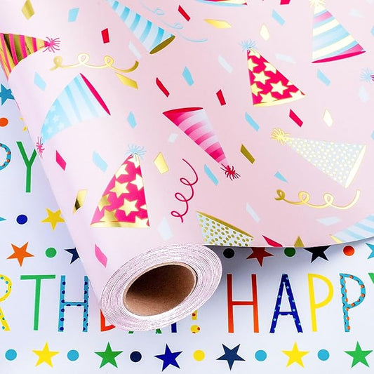 Burymento Birthday Hat Wrapping Paper, Reversible Happy Birthday Design Gift Wrap for Baby Shower, Valentines, Mothers day, Graduation, Wedding, Fathers day, Christmas (17 Inch X 32.8 Feet)