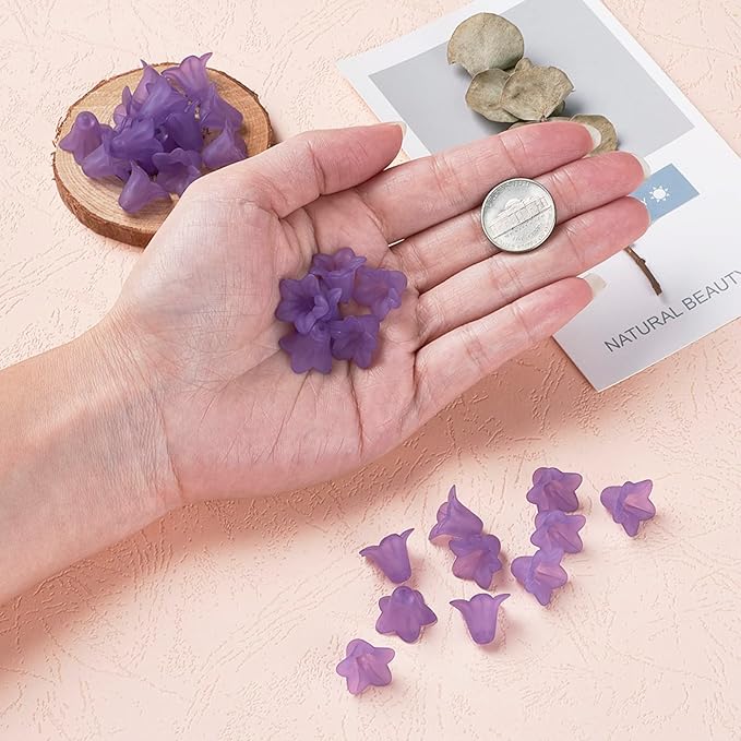 Crafans 50Pcs Frosted Acrylic Flower Beads Purple Flower Bead Caps Transparent Floral Pendants Clear Loose End Spacer Beads for Jewelry Making 17.5x12x1.5mm