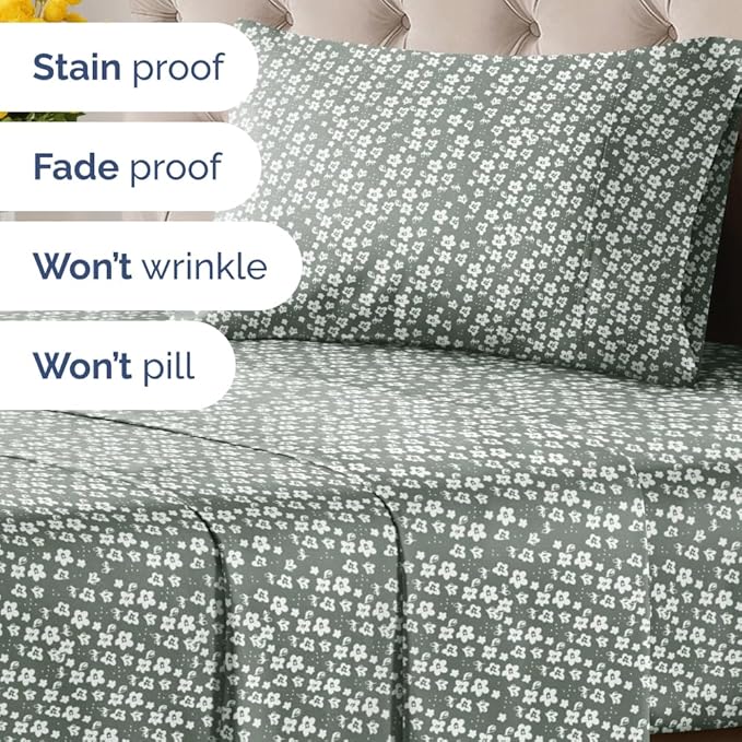 Floral Sheets - Green Floral Bed Sheet Set - 1 Flat, 1 Fitted & 1 Pillowcase w/ Deep Pockets - Comfy, Wrinkle & Fade Free - Boho Botanical Bedding - Ultra-Soft, Breathable and Cooling - Twin Size Set