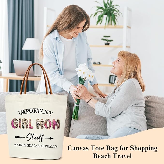 Canvas Tote Bag for Women, Important Stuff Bag with Leather Handle, Reusable Grocery Bags for Shopping Beach Travel