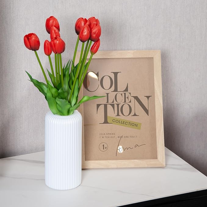 10 Pack Real Touch Tulips Artificial Flowers, 15.7 Inch Bendable Latex Tulips - No Maintenance Faux Flowers for Vase, Home Decor, Wedding Centerpiece (Red)