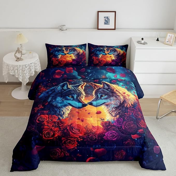Wolf Full Size Comforter Set,Wild Animal Print Couple Theme Reversible Bedding Comforters Bedroom Collection,Romantic Red Rose Flowers Watercolor Galaxy Bedding Set for Girls Teens