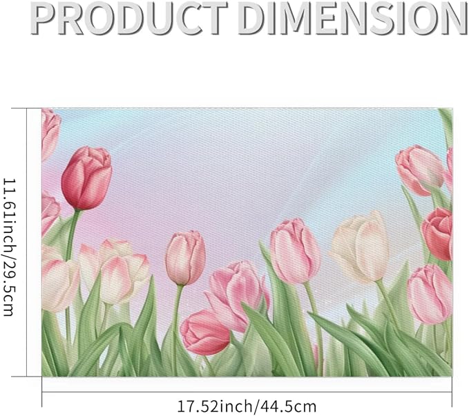 PVC Placemats Set of 1 Flower Tulip Pink Wipeable Table Mats Washable Heat Resistant Non Slip Vinyl Dining Table Mat for Kithen Indoor Outdoor Patio Farmhouse Place Mats Decorative