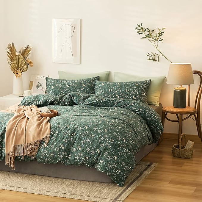 EAVD Vintage Green Floral Duvet Cover Full Size 100% Jersey Cotton Cottagecore Floral Bedding Set with 2 Pillowcases Chic Shabby Reversible Botanical Duvet Cover with Zipper Closure