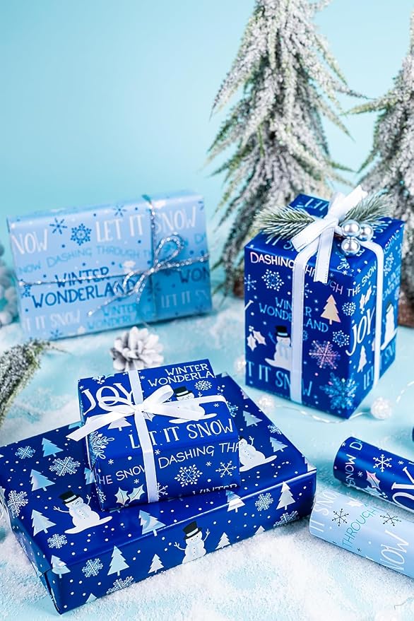WRAPAHOLIC Christmas Wrapping Paper Roll - Mini Roll - 3 Rolls - 17 Inch x 120 Inch Per Roll - Blue and White Winter Wondland, Snowflake, Snowman Holiday Collection with Metallic Foil Shine
