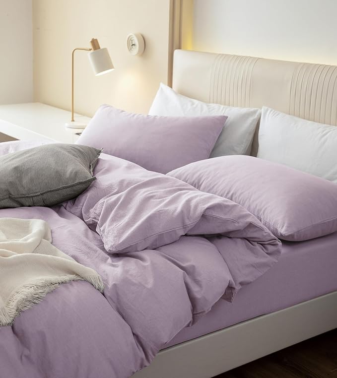 JIYUAN 100% Washed Cotton Duvet Cover Set 2 Pieces Twin, 1 Duvet Cover 68x90 Inches(Comforter Not Included) and 1 Pillowcase,Linen Like Comfy and Breathable,Heathered Light Purple