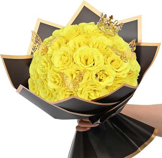 Waipfaru Glitter Roses Bouquet, DIY Yellow Fake Flowers Bouquet, 36 Pcs Rose for Grandma Wife Girlfriend Valentines, Mothers Day, Anniversary, Graduation