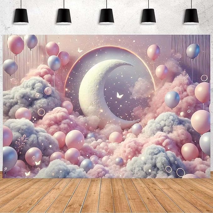 Dreamy Moon and Balloons Backdrop Pink Dreamy Balloon Moon Baby Birthday Decoration Kids Portrait Photo Backdrop Newborn Baby Photography Background (6x4feet)