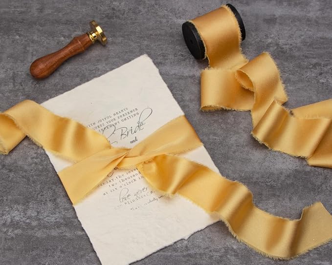 Ribbli Gold Silk Satin Ribbon 1.5 Inch x 30 Yard Handmade Frayed Chiffon Gold Ribbon for Gift Wrapping Wedding Invitations Bridal Bouquets Home Decor