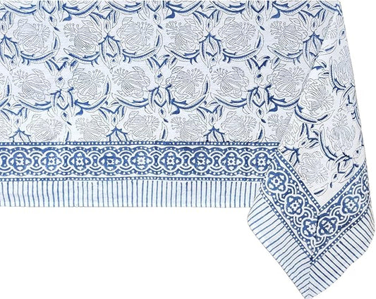 ATOSII ‘Santorini’ 100% Cotton Fall Tablecloth, Handblock Print Blue Square Table Cloth for Kitchen I Dining Table Linen I Parties Wedding Christmas Thanksgiving I Fall Decor 60 X 60 Inches
