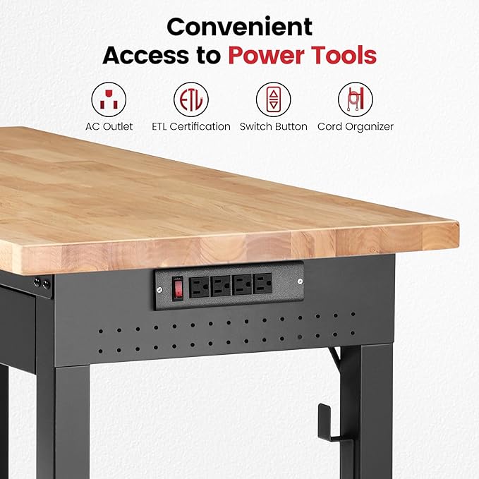 Work Bench with Shelf Bracket 60 Inch Heavy Duty Rubberwood Tabletop Workbench for Garage Adjustable Height Work Table with Drawers, Power Outlets for Woodworking, Home, Office, Workshop