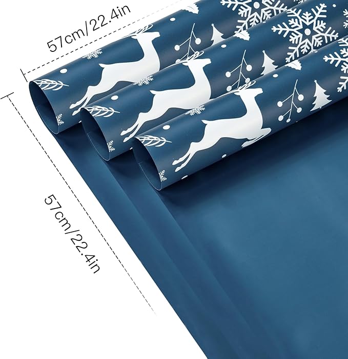 LeZakaa 20 Sheets Flower Wrapping Paper, Navy Blue Christmas Reindeer and Snowflake Design Waterproof Floral Bouquet Paper for Christmas, Winter Holiday Party Gift Packaging