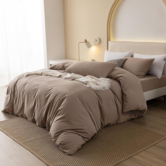 JIYUAN 100% Washed Cotton Duvet Cover Set 2 Pieces Twin, 1 Duvet Cover 68x90 Inches(Comforter Not Included) and 1 Pillowcases,Linen Feel Bedding Set Comfy and Breathable,Light Brown