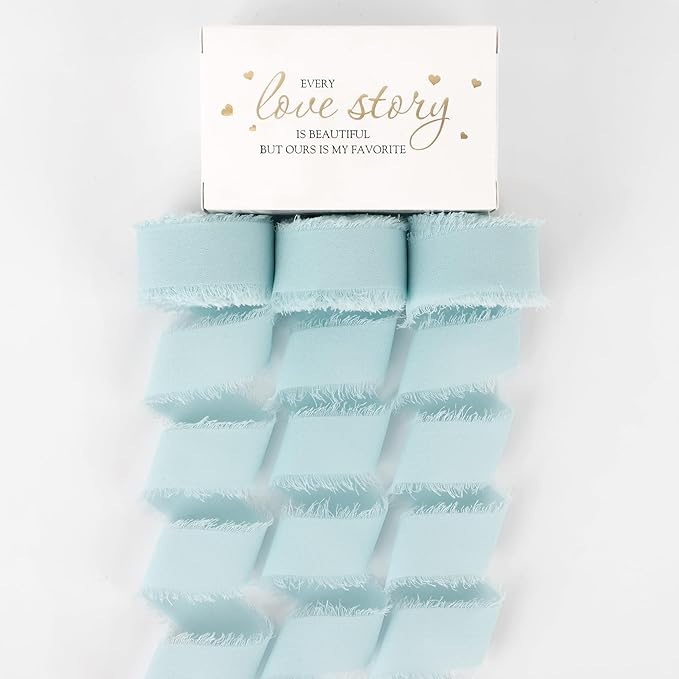 MEEDEE Aqua Chiffon Ribbon 1 Inch Fringe Ribbons Blue Chiffon Silk Frayed Edge Ribbon Thin Chiffon Ribbons for Crafts, Gift Wrapping, Wedding Invitation (3 Rolls 21 Yards)