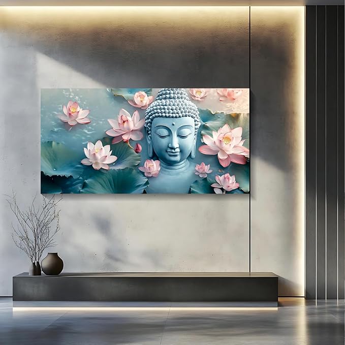 Iallbin Buddha Wall Art & Zen Wall Decor, White Lotus on Water Canvas Painting - for Yoga Meditation Room, Spa & Bathroom, Blue Art Deco Style, 58x29 Inches