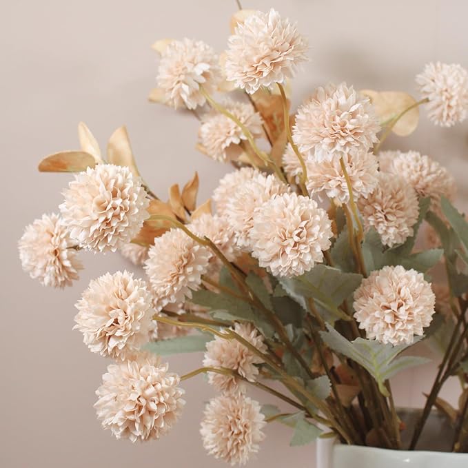 Beige Fake Flowers Silk 10 Mum Stems Eucalyptus Arrangement, Faux Flowers For Vase, Artificial Mums, Mini Floral Long Stem, Tan Nude Cream Neutral Floral, Chrysanthemum Pom Pom Floral Arrangement