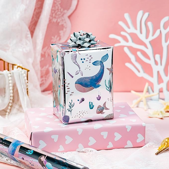 Homeral Reversible Mermaid Wrapping Paper Roll - Metallic Foil Whale, Turtle, Shell, Ocean-Themed with Pink Heart for Girl Birthday, Baby Shower - Mini Roll - 17 Inch x 33 Feet