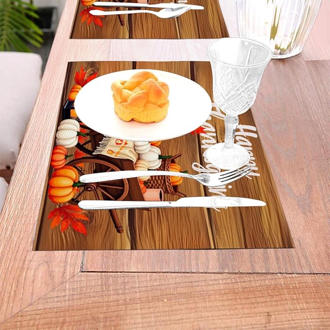 PVC Placemats Set of 4 Wipeable Table Mats Washable Heat Resistant Non Slip Vinyl Dining Table Mat for Kitchen Indoor Outdoor Patio Farmhouse Place Mats Thanksgiving Pumpkin Cart Decorative
