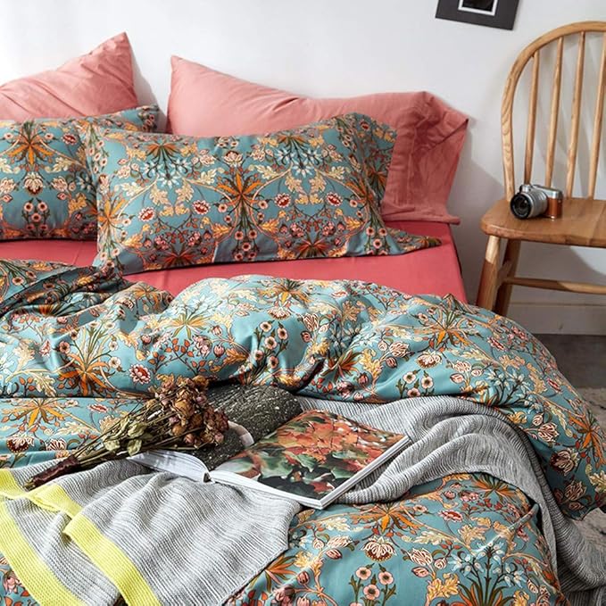 VM VOUGEMARKET Gold Green Flower Duvet Cover Full,Medallion Print Bedding Set Percale Cotton Vibrant Bohemian Pattern Quit Cover with Zipper Closure