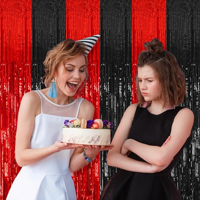 2 Pack Black and Red Party Backdrop Streamers Decorations Foil Fringe Curtains Metallic Tinsel Backdrop for Birthday Halloween Christmas New Year Fancy Ball Graduation Party Decor