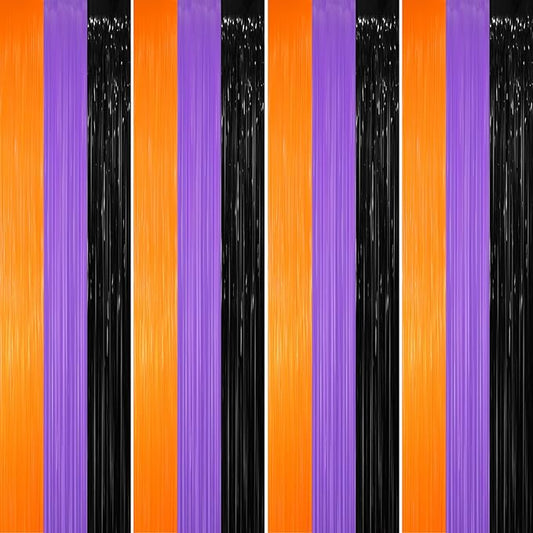 GOER 3.2 ft x 8.2 ft Metallic Tinsel Foil Fringe Party Backdrop for Halloween Birthday Graduation New Year's Party Decorations(4 Packs,Black&Orange&Purple)