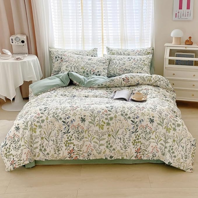Botanical Floral Duvet Cover Twin Fresh Soft 100% Cotton Comforter Cover Floral Print Cottagecore Bedding Set with 2 Pillowcases Vintage Country Wildflower Comforter Cover with Zipper Closure Twin