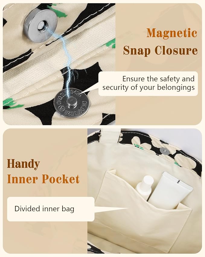 Aesthetic Cotton Tote Bag for Women - Reusable Shoulder Bag with Buckle Fabric Bag for Gym, Travel, Work