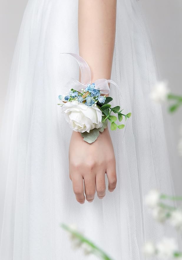 White& Blue Rose Wrist Corsages Wristlet Band Bracelet for Wedding Set of 6 Ivory Eucalyptus Wrist Flower Wristband Hand Flower for Bride, Bridesmaid, Mother of Bride, Prom Party
